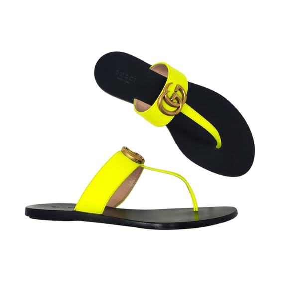 Gucci Marmont GG Sandal Thong Flat With Double G In Yellow Fluo Leather Size 37 - Picture 2 of 11